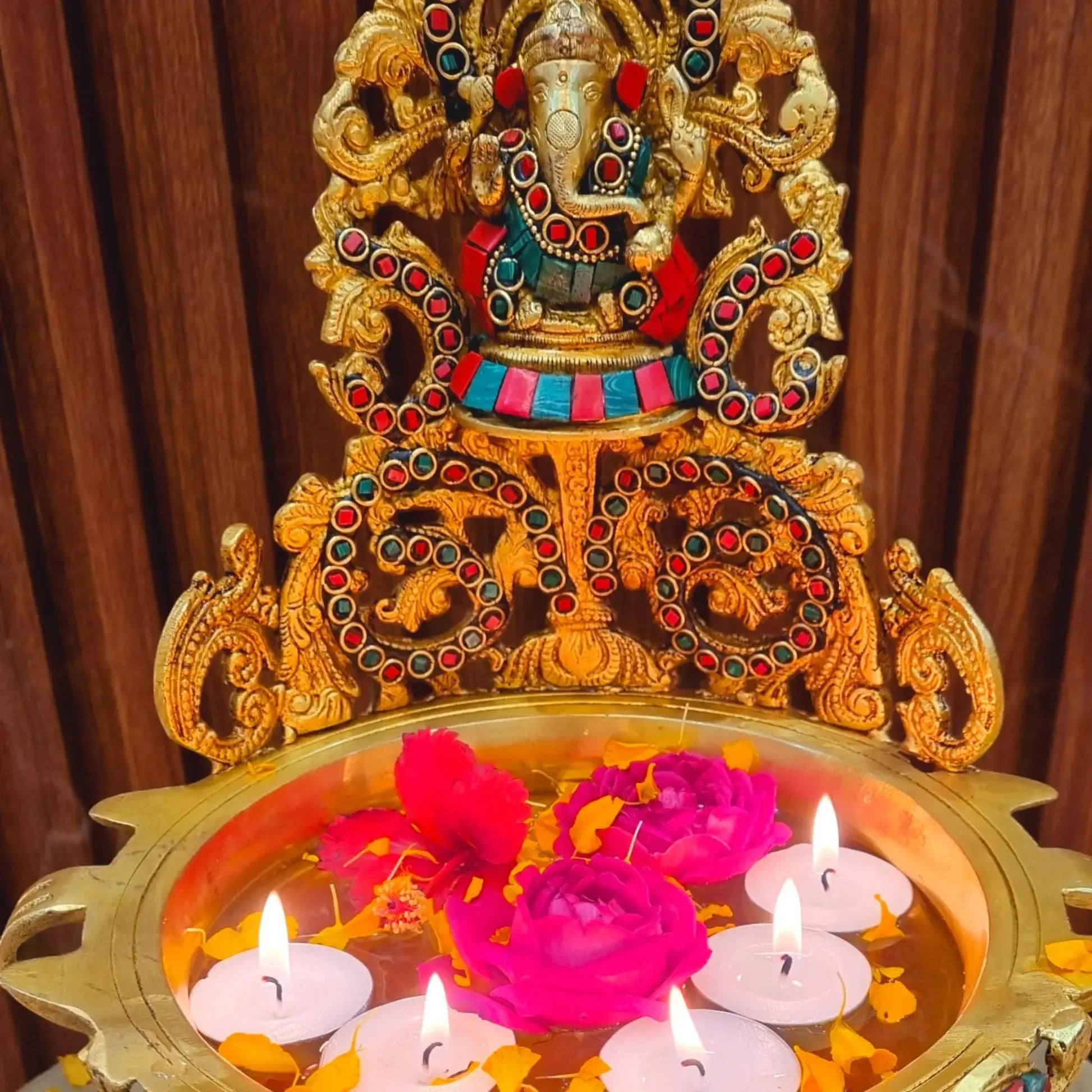 Brass Ganesh Urli Stone Finish Bowl for Home Decor |Antique Stone Finish Ganesha Urli for Floating Flowers & Candles |Vastu Feng Shui Decorative Showpiece & Diwali Gift (Yellow, 12 Inch) Aakrati
