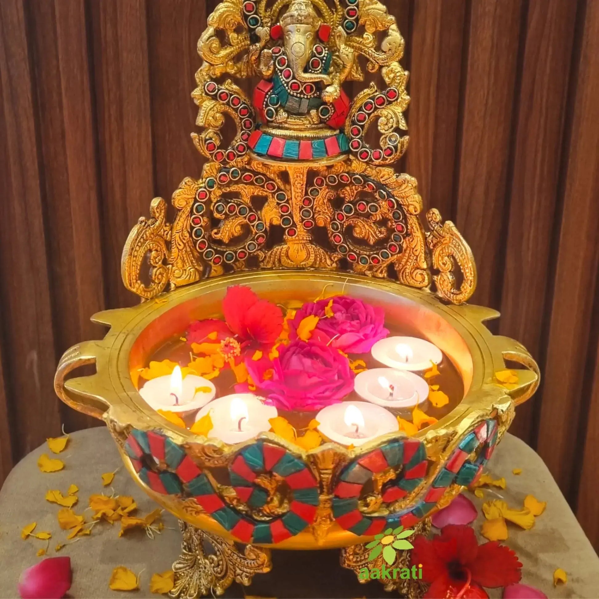 Brass Ganesh Urli Stone Finish Bowl for Home Decor |Antique Stone Finish Ganesha Urli for Floating Flowers & Candles |Vastu Feng Shui Decorative Showpiece & Diwali Gift (Yellow, 12 Inch) Aakrati