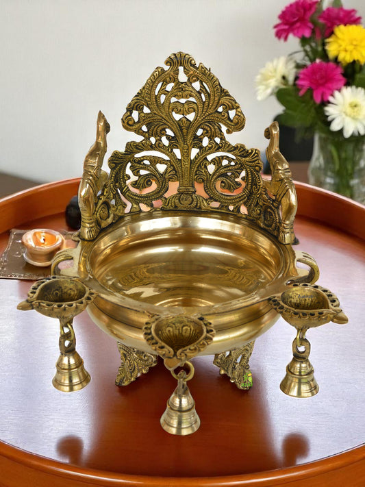 Aakrati Urli Pot for Home office decoration made in Hand Carved brass metal with bells