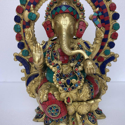 Brass Mangalkari Ganesha Sitting On Lotus Bhagwan Idol Ganesha Statue Ganpati Murti Home Decor- Height : 15 Inches