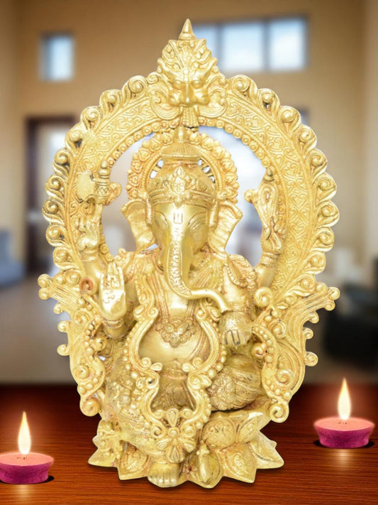 Brass Ganesh Statue with yellow finishing for home and temple decoration