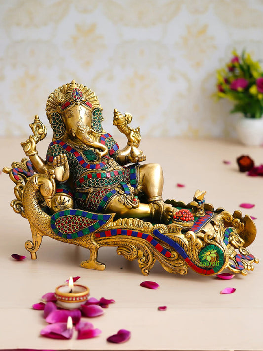 Handcrafted Brass Ganesh Ji Statue Reclining on Couch | Perfect for Pooja, Diwali Décor & Housewarming | Decorative Ganpati Murti for Home & Office ( Multicolor