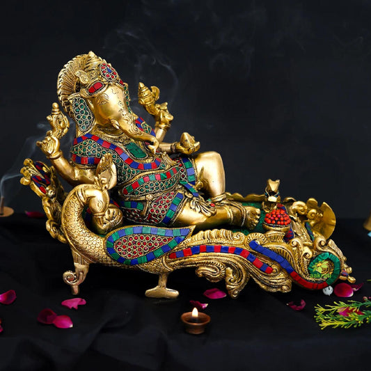 Handcrafted Brass Ganesh Ji Statue Reclining on Couch | Perfect for Pooja, Diwali Décor & Housewarming | Decorative Ganpati Murti for Home & Office ( Multicolor