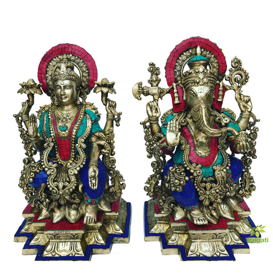 Laksmi Ganesha Statue in Dual Stone work Finish- Metal Brass Decorative god idol - Home decor & Gift