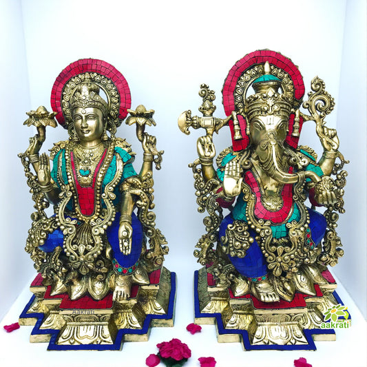 Laksmi Ganesha Statue in Dual Stone work Finish- Metal Brass Decorative god idol - Home decor & Gift