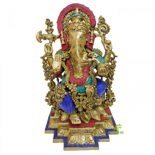 Laksmi Ganesha Statue in Dual Stone work Finish- Metal Brass Decorative god idol - Home decor & Gift
