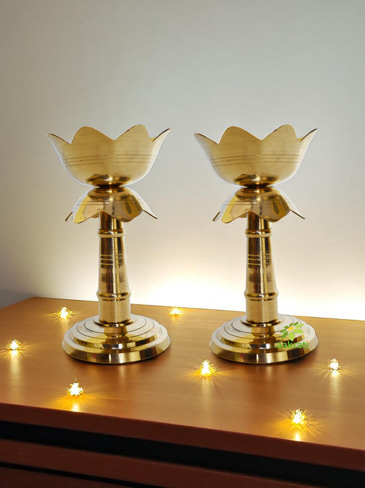 Pair of Brass Akhand Diya in Lotus shape in Antique Finish for Temple