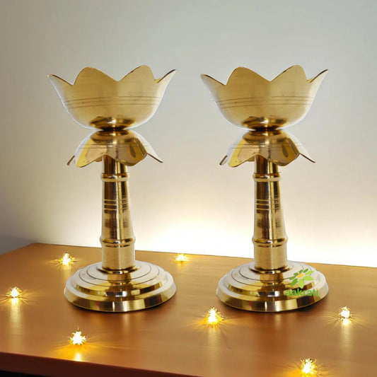 Pair of Brass Akhand Diya in Lotus shape in Antique Finish for Temple