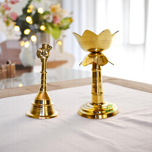 Aakrati Brass Akhand Diya and Hand Bell Combo for Gift Pooja Accessories for Home Temple