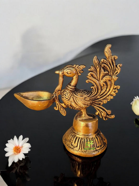 Aakrati Table Diya - Peacock Oil lamp - Metal Brass Antique Finish Worship - Prayer Deepak
