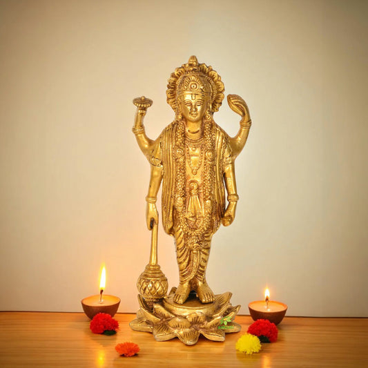 Figurine Of Lord Vishnu Made in Brass Handmade Religious Product With Flower Base For Pooja And Home Decoration