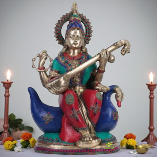 Brass Saraswati Statue with Stonework, big Goddess Saraswati idol in Brass. Hindu Mother Goddess of Arts, Music, Knowledge & Wisdom
