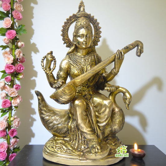 Saraswati Large Solid Brass India Goddess Mata Saraswati Maa Statue Sculpture 28 inch