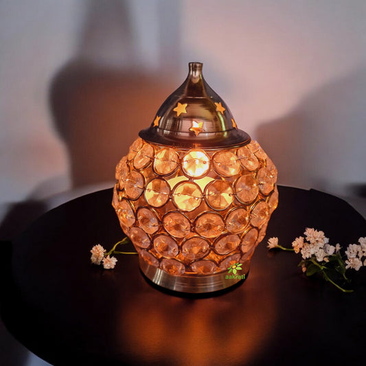 Decorative Small matki shape crystal look Brass Made akhand Oil lamp stand/diya stand/deepak