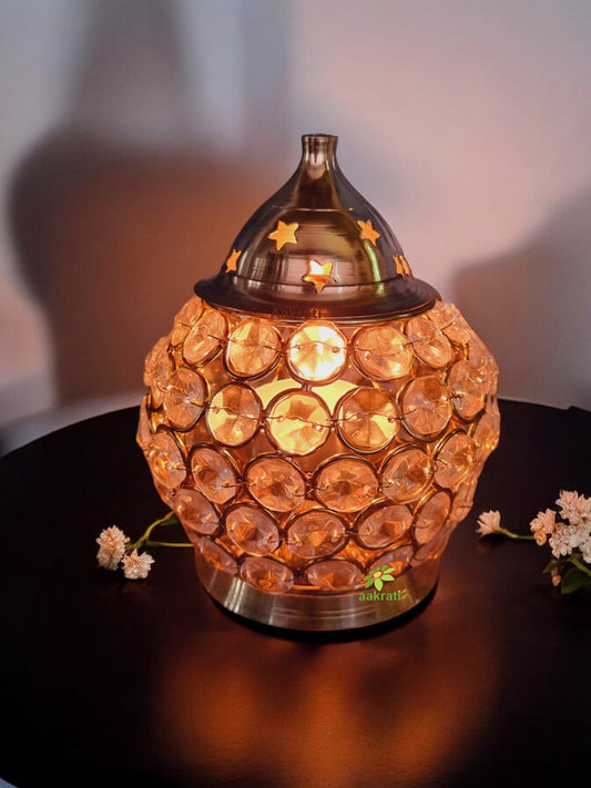 Decorative Small matki shape crystal look Brass Made akhand Oil lamp stand/diya stand/deepak