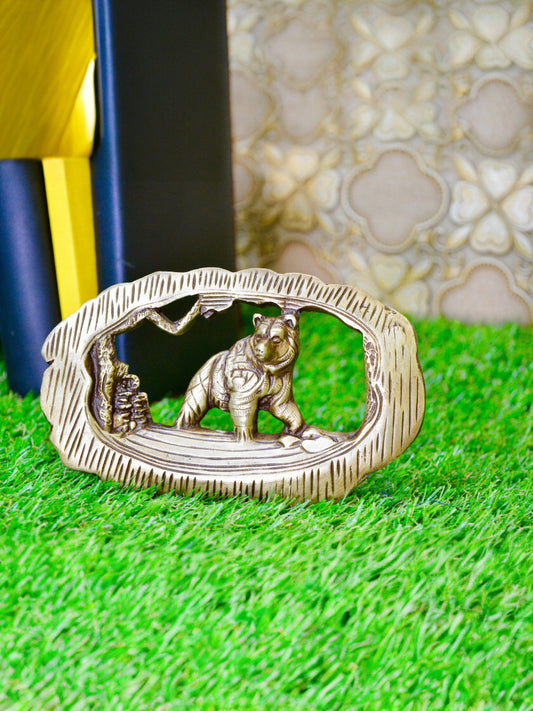 Glossy Vintage Brass 6 inch Bear with Tress in Frame For Table Top or Home Decor