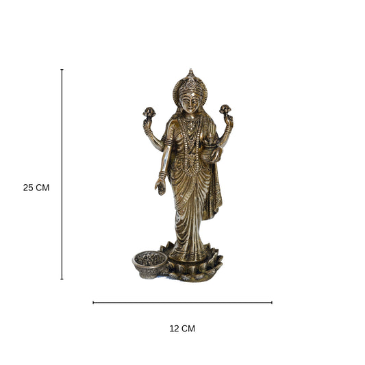Antique finish Brass 10 inch Laxmi Goddess Standing on Flower Showpiece