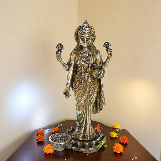Antique finish Brass 10 inch Laxmi Goddess Standing on Flower Showpiece