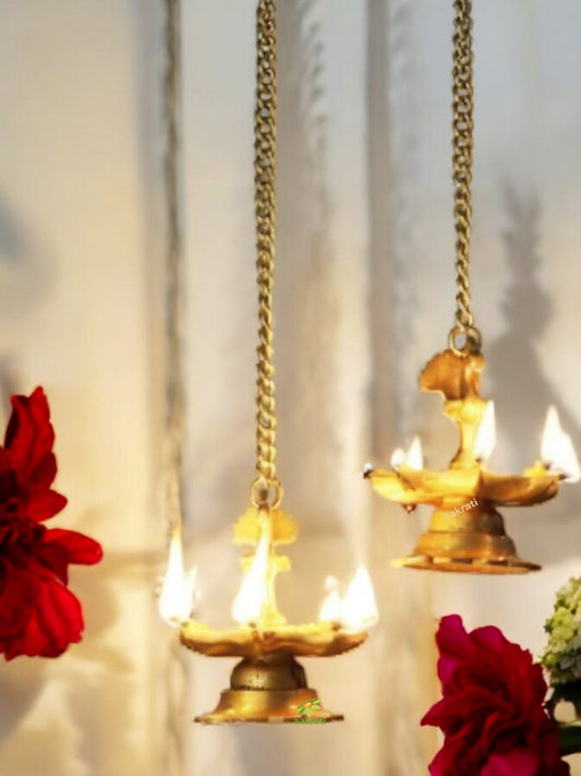 Hanging & Table Brass Diya | Oil Lamp | Home Decor | Diya, Deepak, Deepam (Peacock Diya Pair) with Chain