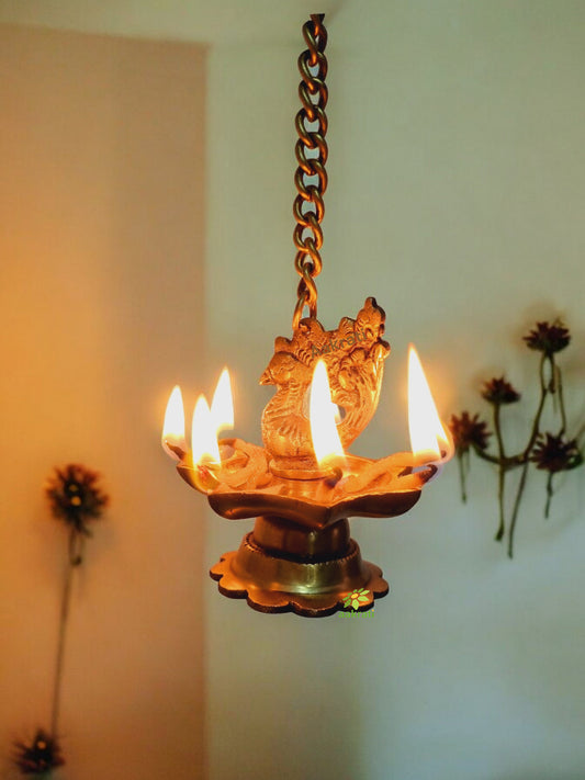 Hanging & Table Brass Diya | Oil Lamp | Home Decor | Diya, Deepak, Deepam (Peacock Diya Pair) with Chain