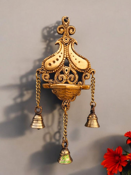 Wall Hanging Brass Diya, Oil lamp, Deepam with Bells in Glossy Black Antique Finished