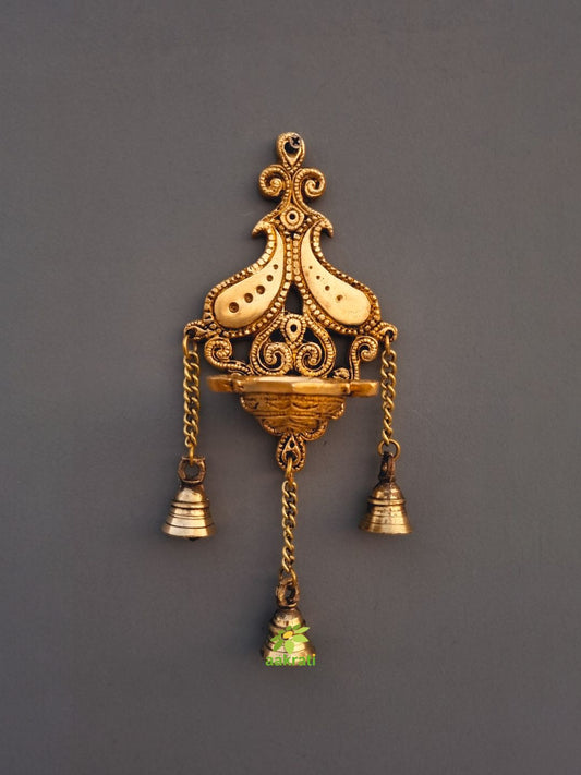 Wall Hanging Brass Diya, Oil lamp, Deepam with Bells in Glossy Black Antique Finished