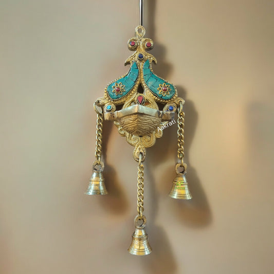 Aakrati Wall Hanging Deepak With 3 Bells| Wall Diya with Bells Made of Brass Metal| Wall Décor| Indian showpiece for Gift|(Multicolor)