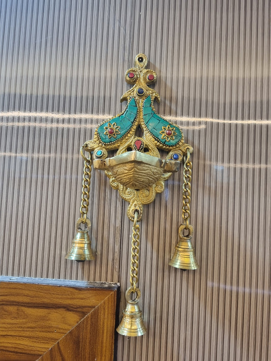 Aakrati Wall Hanging Deepak With 3 Bells| Wall Diya with Bells Made of Brass Metal| Wall Décor| Indian showpiece for Gift|(Multicolor)