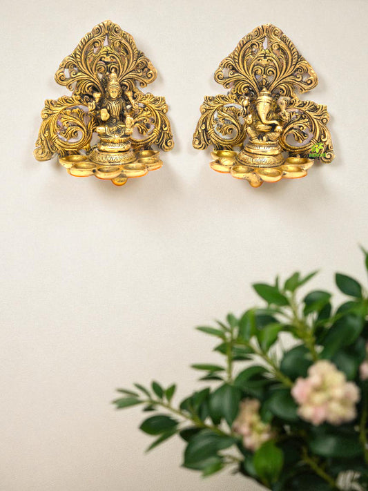 Lakshmi and Ganesha with Diya or Deepak - Wall Hanging (Pair)