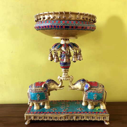 Urli decorative flower pot holding by two elephant for hotel, room, house and office decor by Aakrati