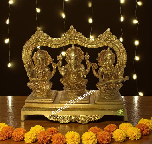 Laxmi Ganesha Saraswati brass made hand carved antique statue