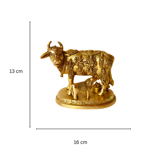 Kaamdhenu Cow with Calf brass made hand carved Pooja Ghar Statue