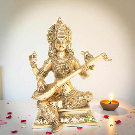 Goddess Saraswati Brass Metal Hand Carved Statue - The Goddess of Art & Knowledge