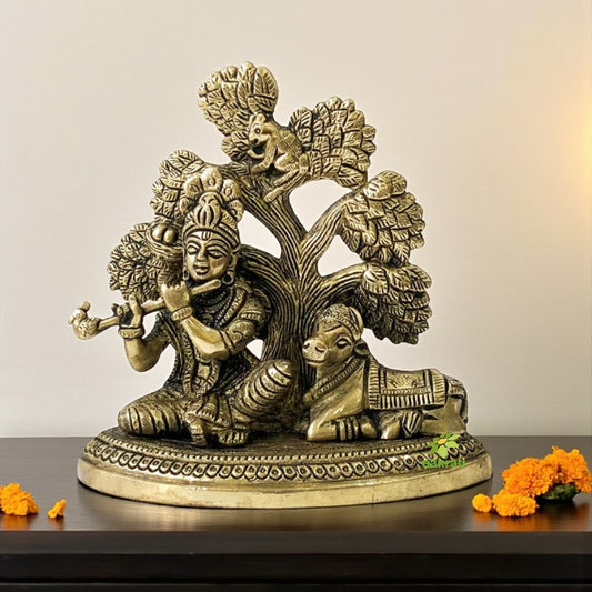 Lord Krishna Sitting under a tree playing flute with cow brass made decorative statue for gift/decor