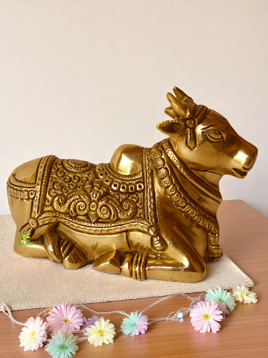 Brass made Nandi Sitting Statue - Unique Religious metal craft and gift