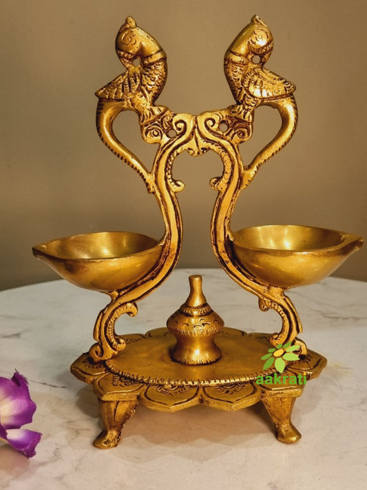 Diya Brass Lamp Traditional Puja Lotus feet Pooja Set Oil Deepak - Brass Peacock Diya Jyoti Deepak Oil Lamp Wick for Pooja, Home Temple, Showpiece, Home Decor,