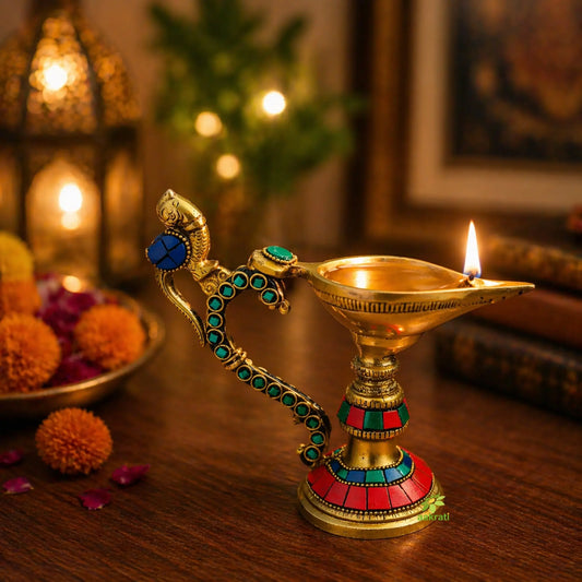 Aakrati Table Diya or Deepak with Handle Made of Brass for Temple and Decor - Religious Metal Handmade Craft Gift -  Worship Jyoti