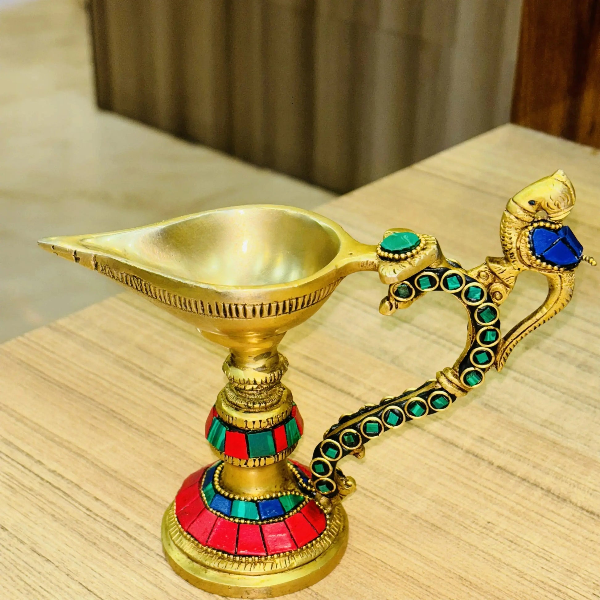 Aakrati Table Diya or Deepak with Handle Made of Brass for Temple and Decor - Religious Metal Handmade Craft Gift -  Worship Jyoti Ashopi