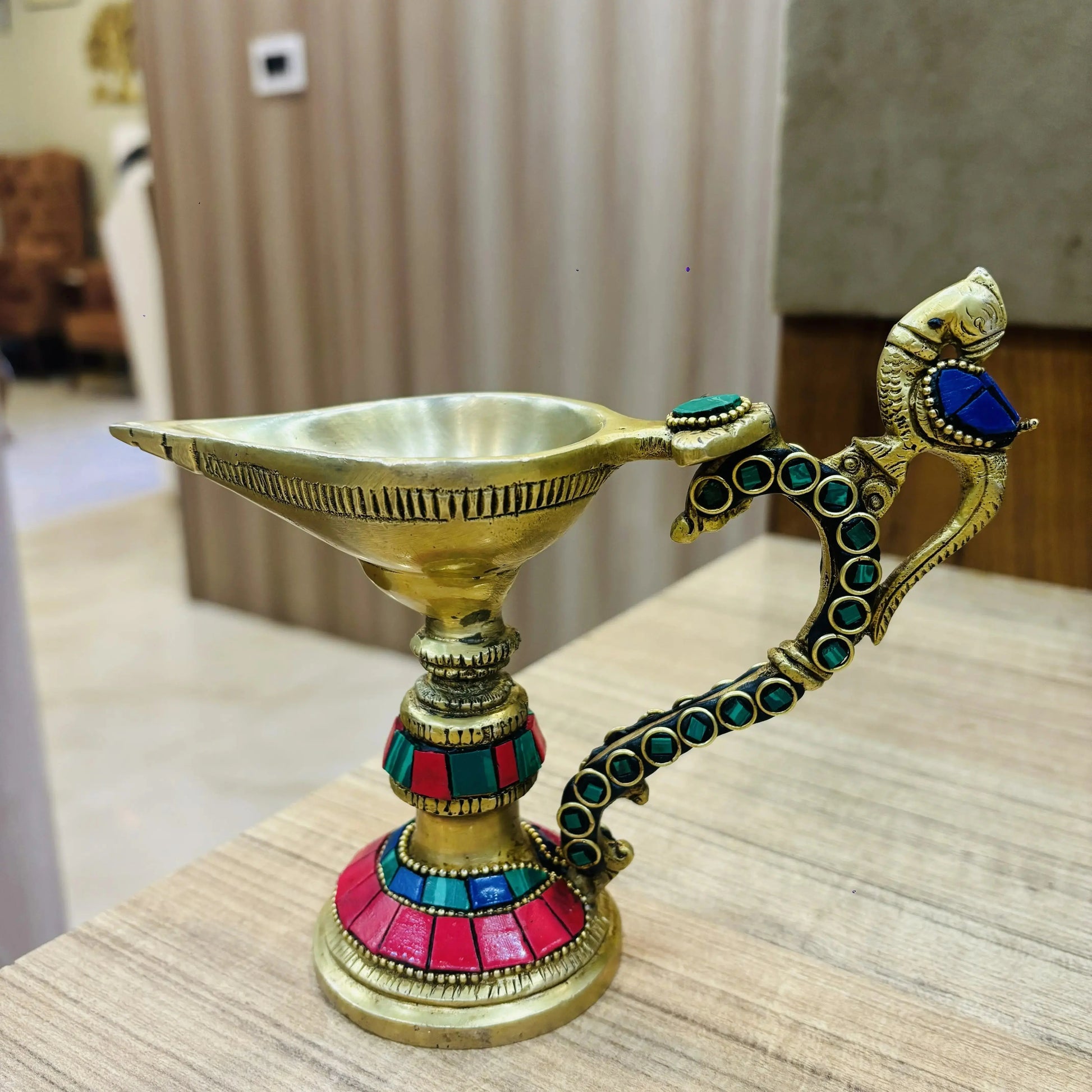 Aakrati Table Diya or Deepak with Handle Made of Brass for Temple and Decor - Religious Metal Handmade Craft Gift -  Worship Jyoti Ashopi