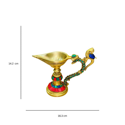 Aakrati Table Diya or Deepak with Handle Made of Brass for Temple and Decor - Religious Metal Handmade Craft Gift -  Worship Jyoti Ashopi