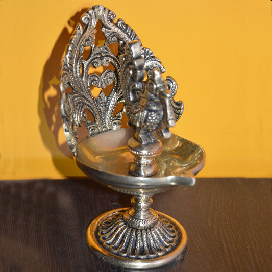 Brass Made Table Diya with Peacock Figure