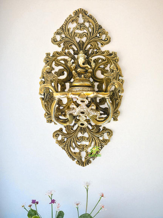 Aakrati Lord Ganesha Wall Deepak or Diya with Unique Carving and Ganesha Figurine Oil Deepak for Wall and Home Decoration