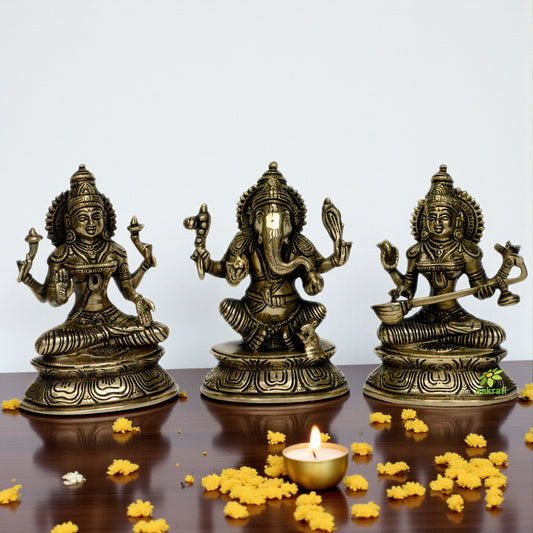 Laxmi Ganesha Saraswati brass made hand carved antique pooja ghar statue