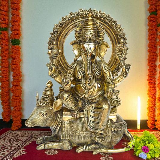 Crowned Ganesh Seated on his Mouse, Ganpati ekdant hindu god Murti Sculpture