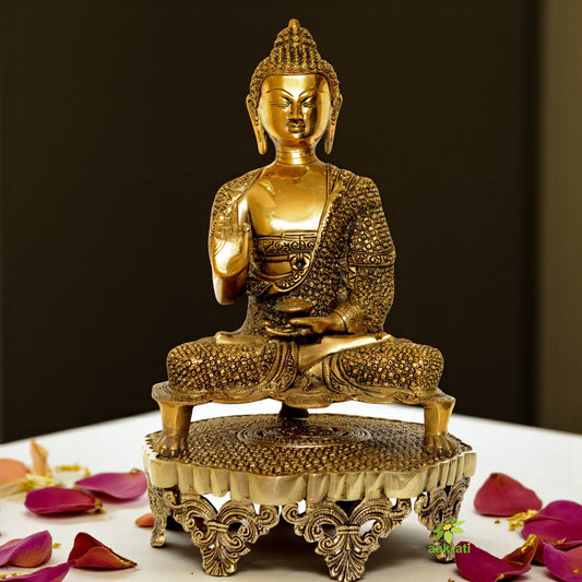 Lord Buddha Brass Made Decorative Figure with decorated chowki Super Fine Carving