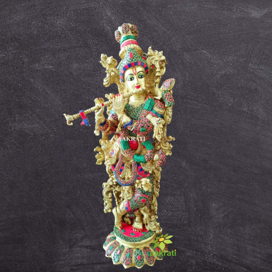 Krishna - Govinda - Dwarkapati Statue with Stonework, Big Large Size Brass Lord Krishna Idol, Krishn, Gopal Krishna, Hindu Idol