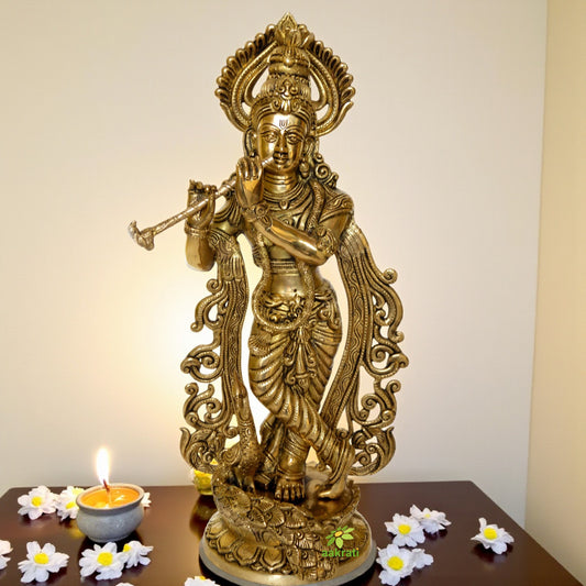 God Krishna Brass Murti Indian Hindu Religiouos idol figure for temple worship