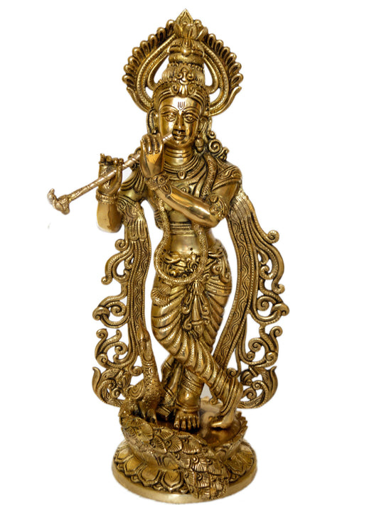 Krishna with cow playing flute brass made Murti by Aakrati