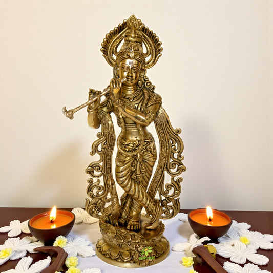 Krishna with cow playing flute brass made Murti by Aakrati