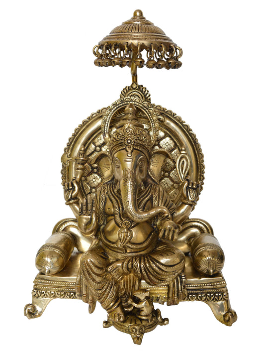 Lord Ganesha Sitting on a decorative throne brass made pooja ghar decoration statue